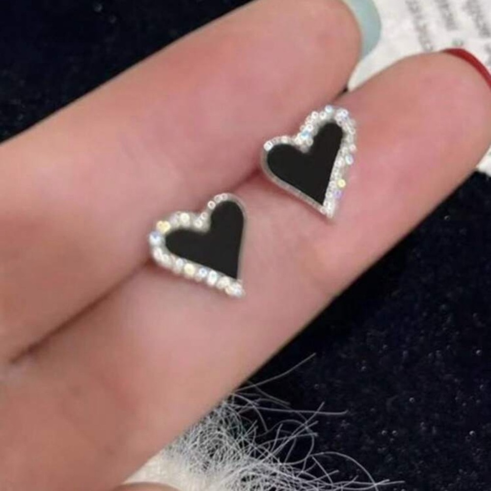 Black and Silver Heart Earrings with Textured Design